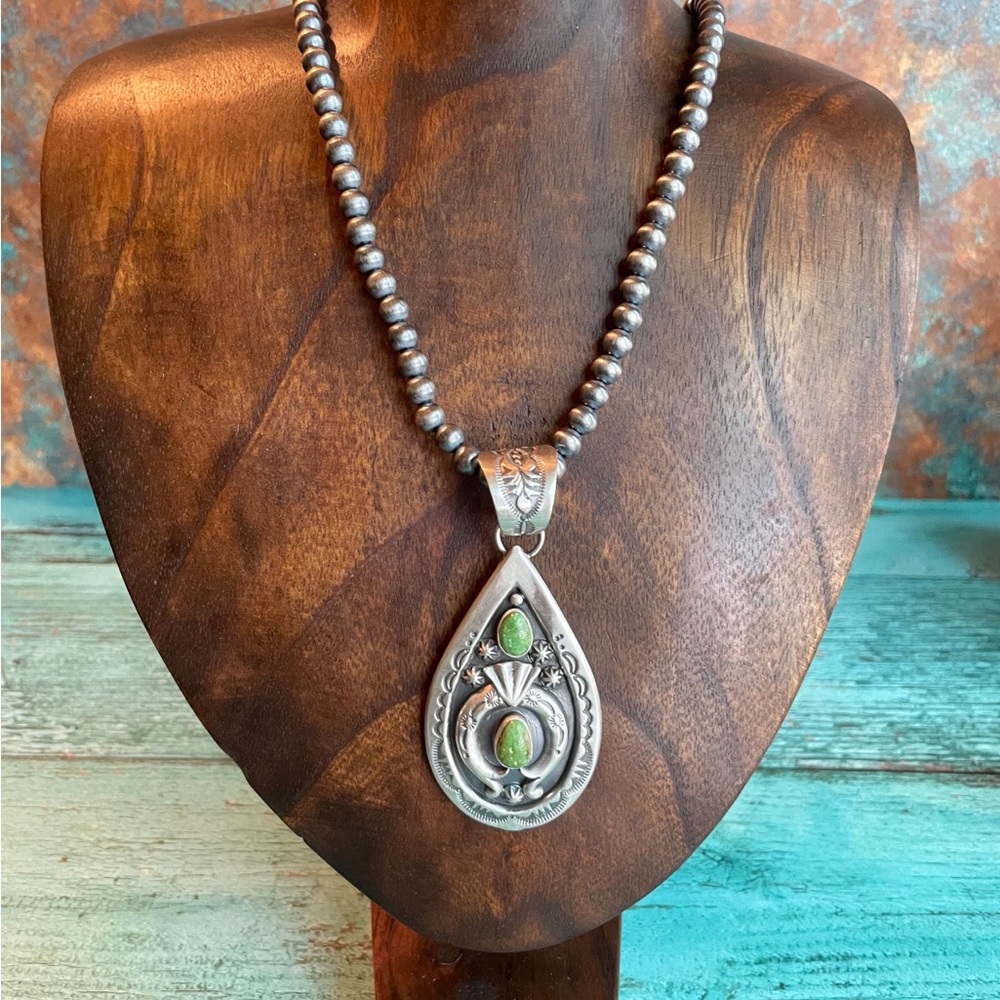 -SOLD -Stunning Sterling Silver Navajo Bead Turquoise Naja Necklace - Signed